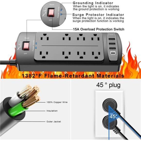 Surge Protector Power Strip - Nuetsa Flat Plug Extension Cord with 8 Outlets - Picture 6 of 7